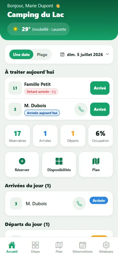 Application mobile Campzen : pointage des arrivées du jour et disponibilités